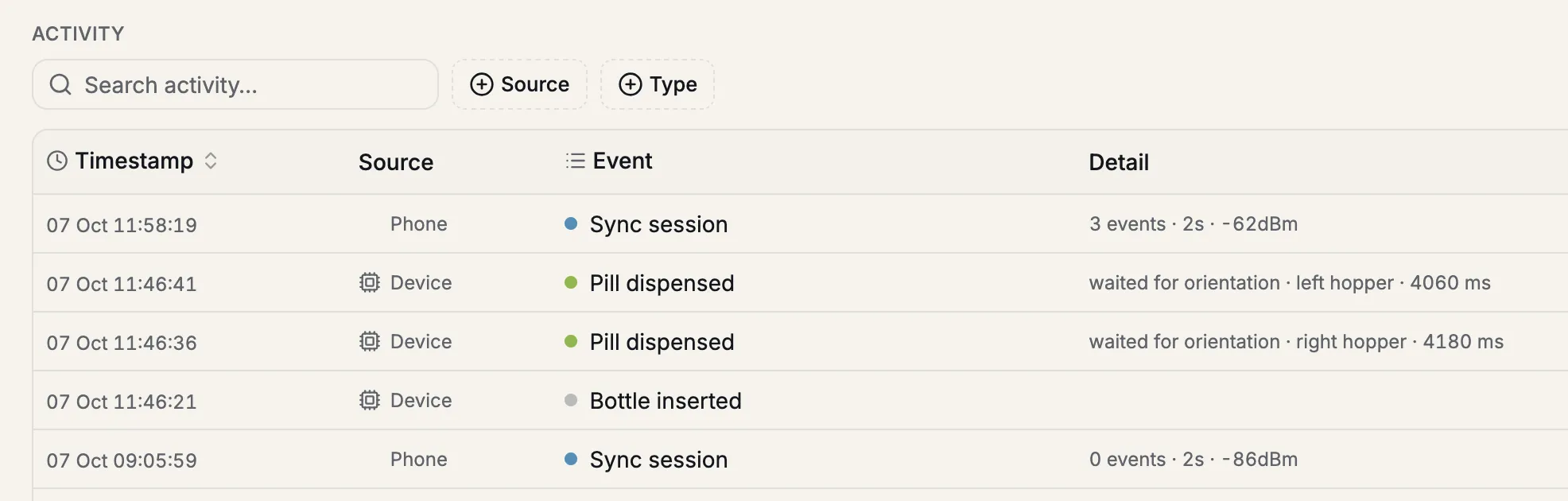 Activity log showing a bottle inserted at 11:46:21, pills dispensed at 11:46:36 and 11:46:41, and an automatic phone sync of 3 events at 11:58:19.