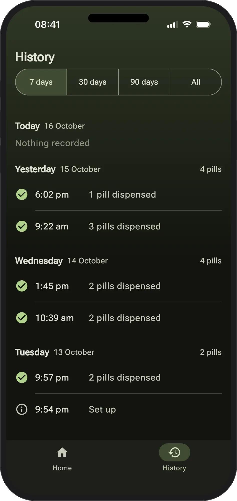 Pill Connect app History screen. Yesterday: 1 pill dispensed at 6:02 pm and 3 pills at 9:22 am. Wednesday: 2 pills at 1:45 pm and 2 at 10:39 am.